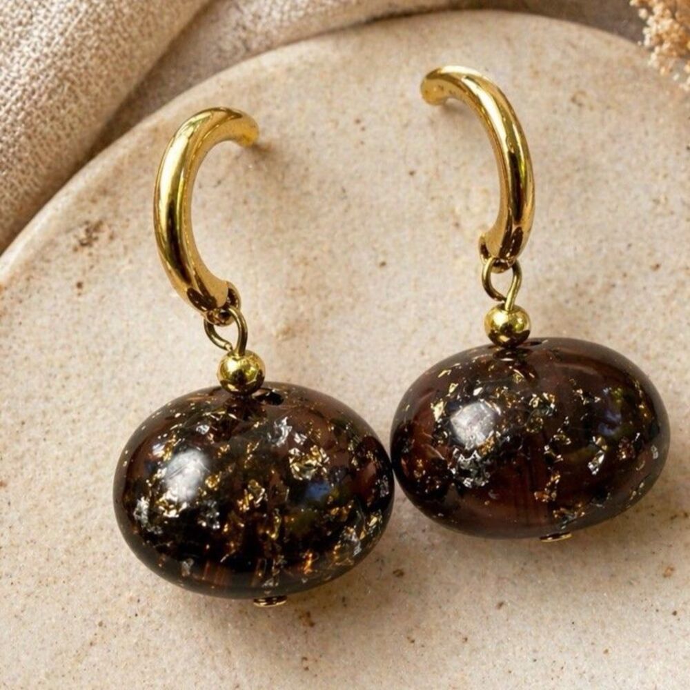 Vintage 1970s Brown Resin Gold Fleck Drop Earrings Chunky Oval Dangle Boho